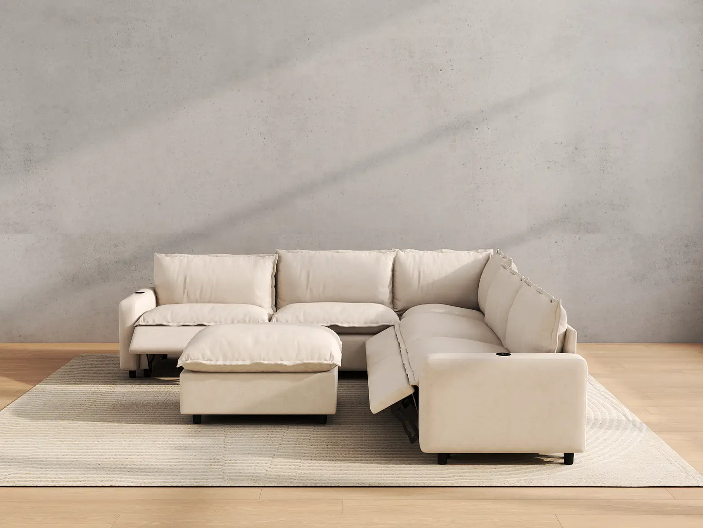 Modular Cero Reclining Sectionals | 6-Piece Beige Linen Large Space Sofa Sets 5-Seater with 1-Ottoman