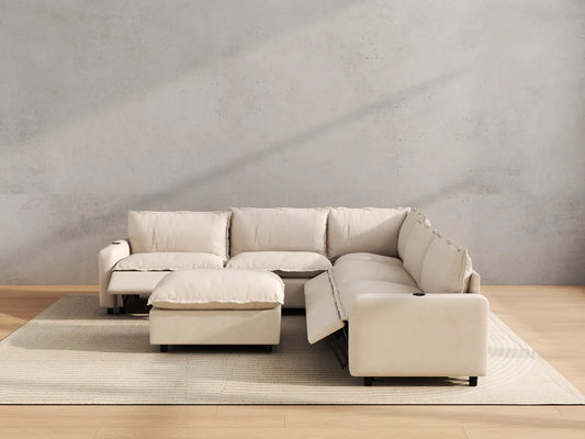 Modular Cero Reclining Sectionals | 6-Piece Beige Linen Large Space Sofa Sets 5-Seater with 1-Ottoman