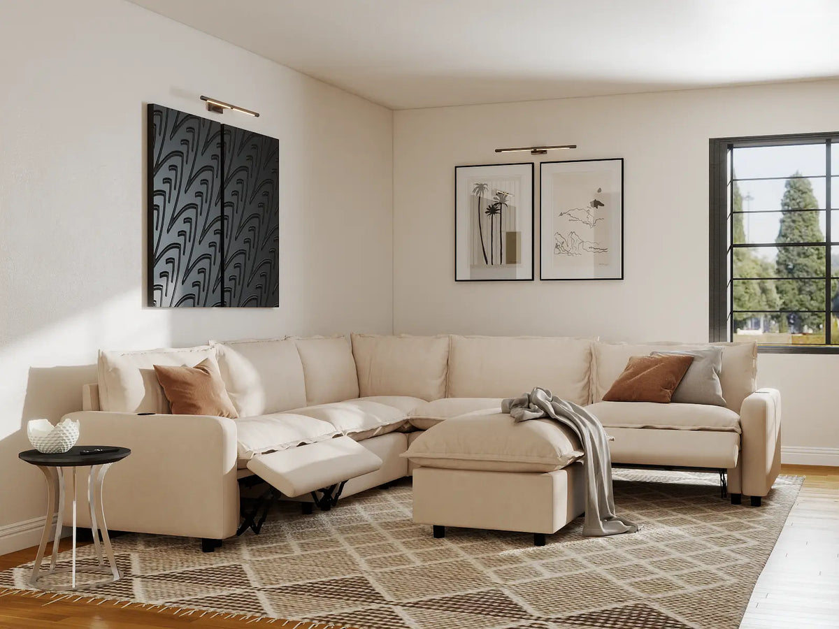 Modular Cero Reclining Sectionals | 6-Piece Beige Linen Large Space Sofa Sets 5-Seater with 1-Ottoman