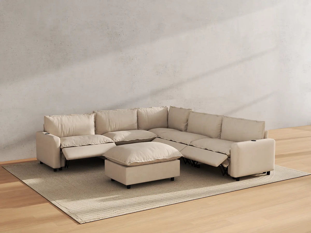 Modular Cero Reclining Sectionals | 6-Piece Beige Linen Large Space Sofa Sets 5-Seater with 1-Ottoman