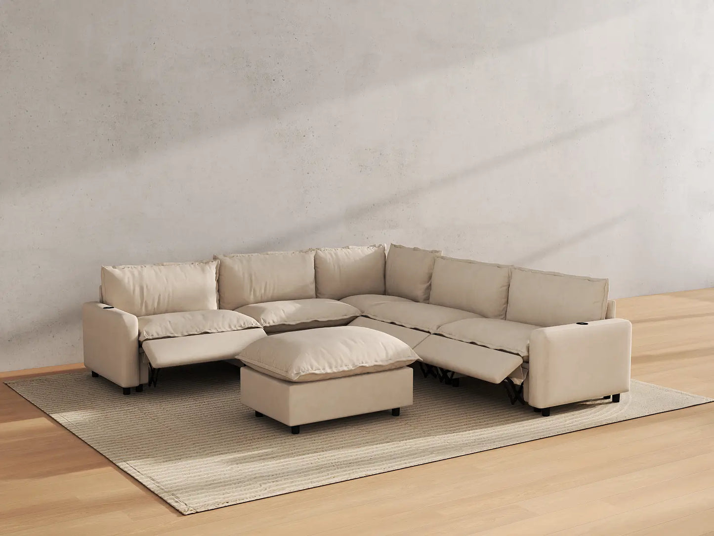 Modular Cero Reclining Sectionals | 6-Piece Beige Linen Large Space Sofa Sets 5-Seater with 1-Ottoman