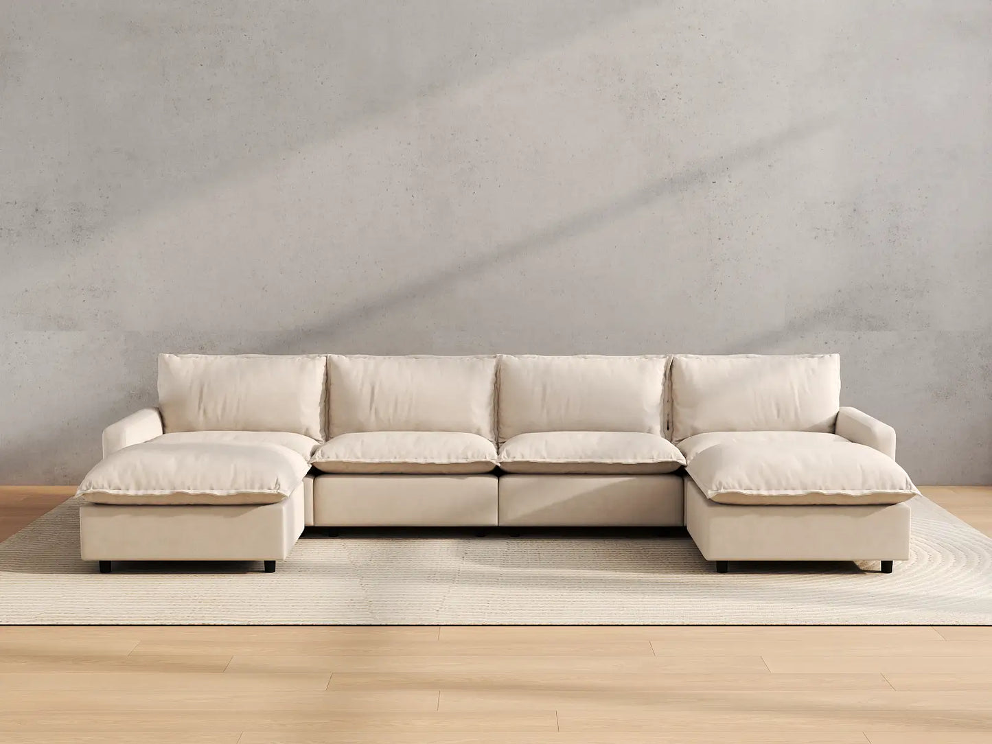 Modular Cero Modular Sectionals | 6-Piece Beige Linen Large Space U-Shaped Sectionals 4-Seater with 2-Ottomans