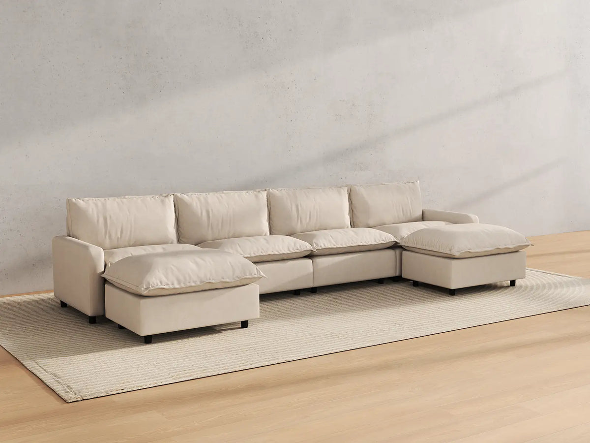 Modular Cero Modular Sectionals | 6-Piece Beige Linen Large Space U-Shaped Sectionals 4-Seater with 2-Ottomans