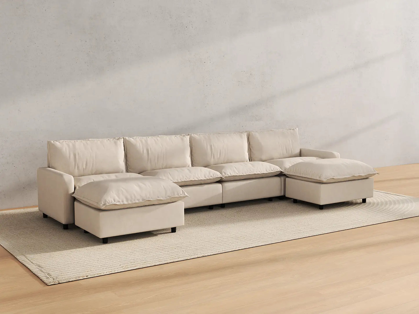 Modular Cero Modular Sectionals | 6-Piece Beige Linen Large Space U-Shaped Sectionals 4-Seater with 2-Ottomans