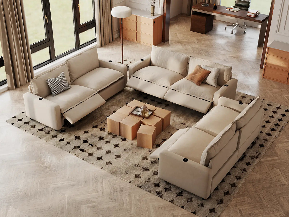 Modular Cero Reclining Sectionals | 6-Piece Beige Linen Large Space U-Shaped Sectionals 6-Seater