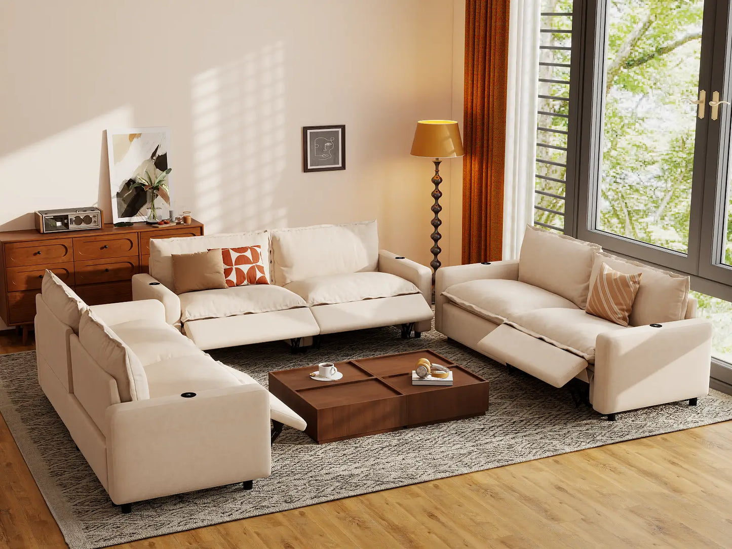 Modular Cero Reclining Sectionals | 6-Piece Beige Linen Large Space U-Shaped Sectionals 6-Seater