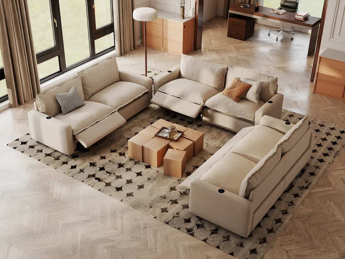 Modular Cero Reclining Sectionals | 6-Piece Beige Linen Large Space U-Shaped Sectionals 6-Seater