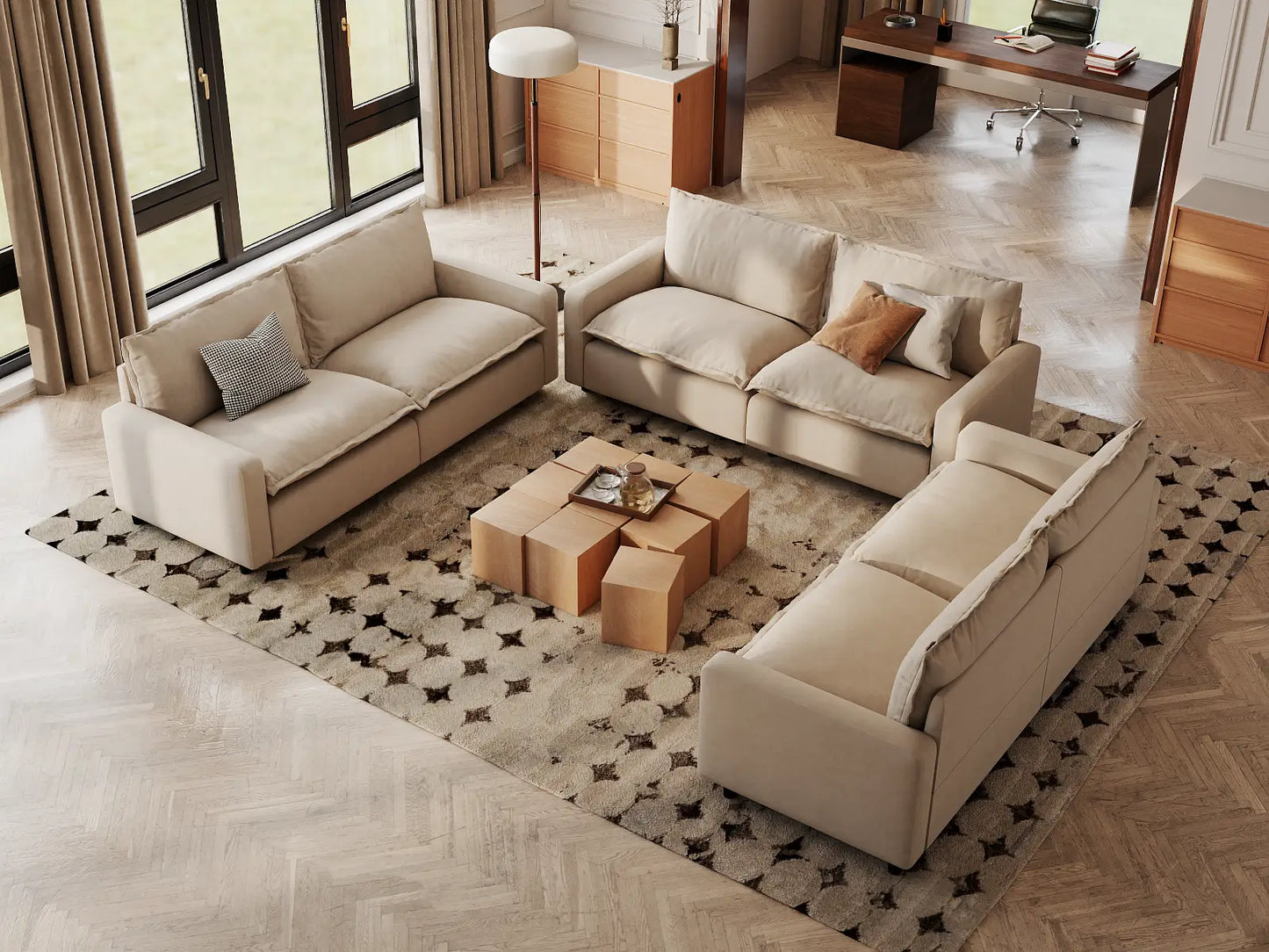 Modular Cero Modular Sectionals | 6-Piece Beige Linen Large Space U-Shaped Sectionals 6-Seater