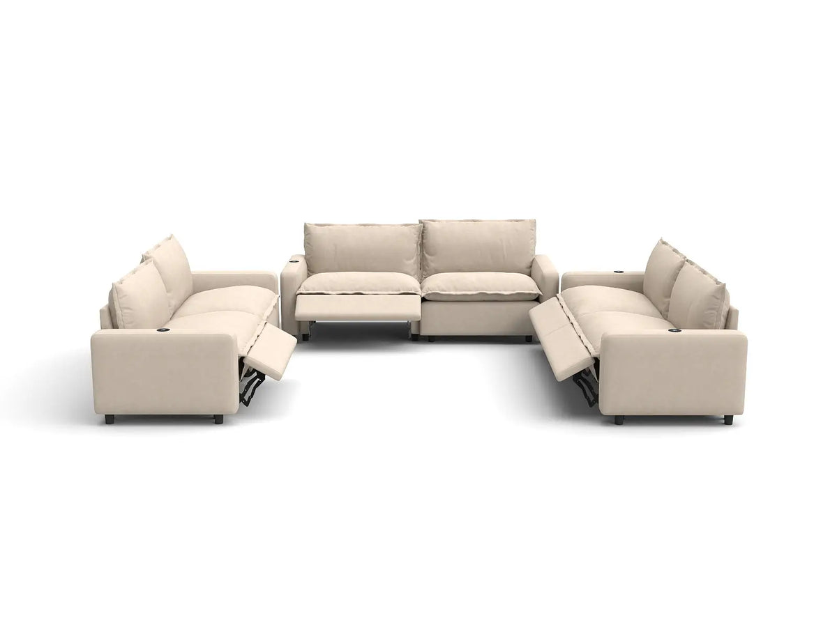Modular Cero Reclining Sectionals | 6-Piece Beige Linen Large Space U-Shaped Sectionals 6-Seater