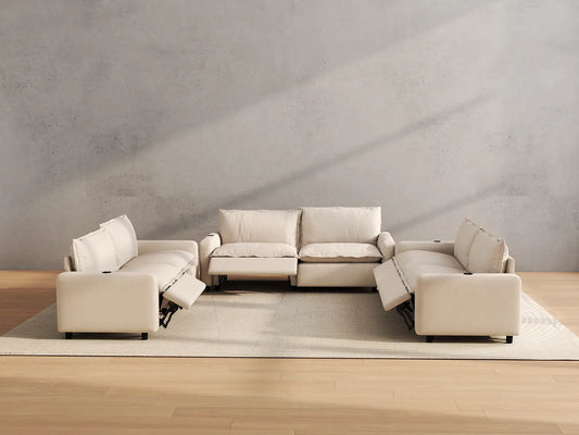 Modular Cero Reclining Sectionals | 6-Piece Beige Linen Large Space U-Shaped Sectionals 6-Seater