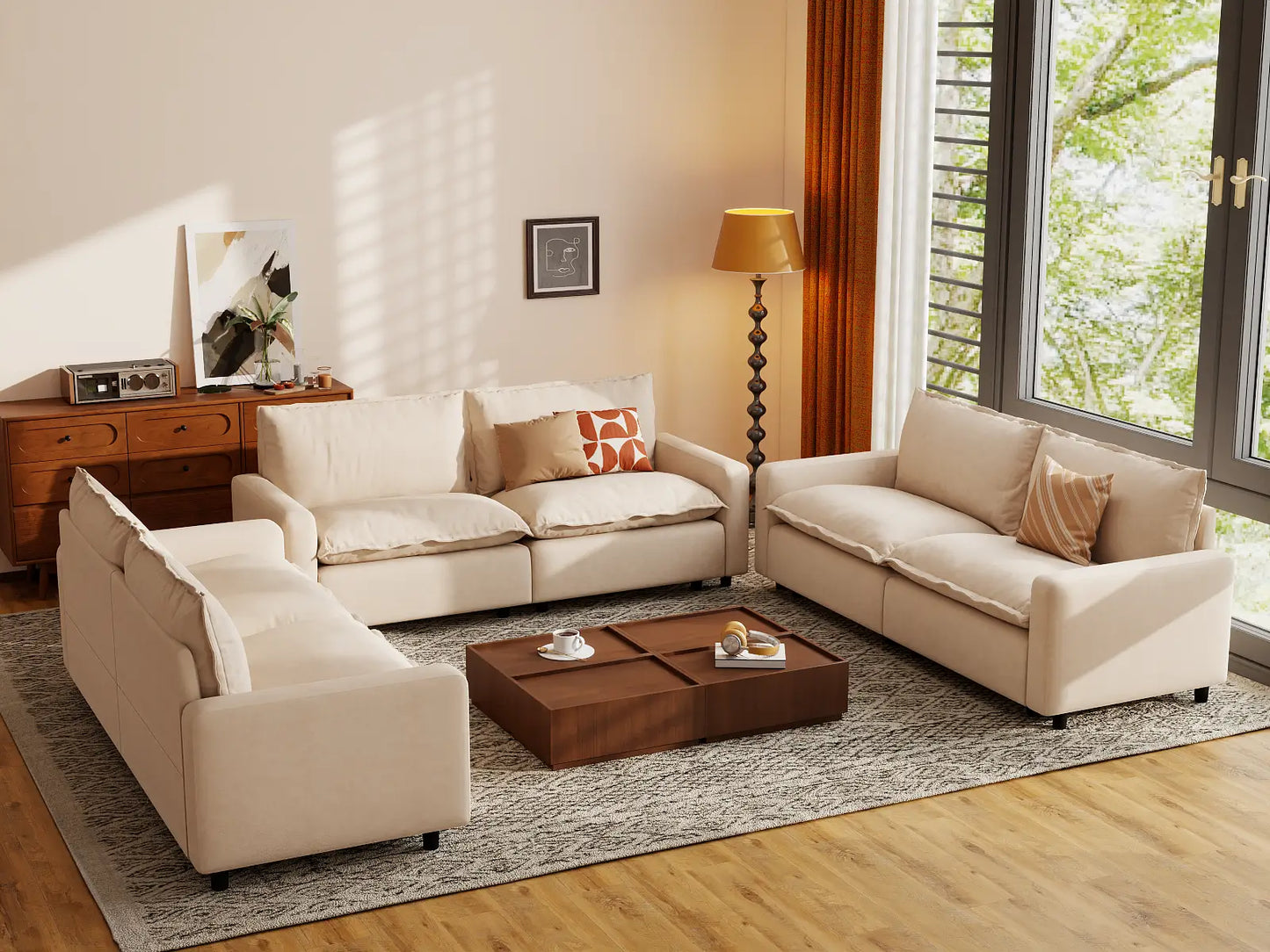 Modular Cero Modular Sectionals | 6-Piece Beige Linen Large Space U-Shaped Sectionals 6-Seater