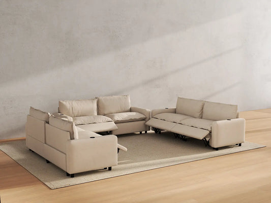 Modular Cero Reclining Sectionals | 6-Piece Beige Linen Large Space U-Shaped Sectionals 6-Seater