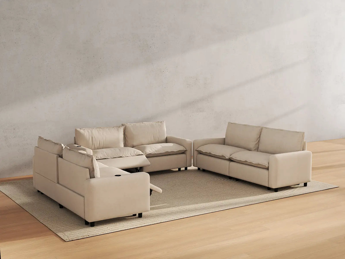 Modular Cero Reclining Sectionals | 6-Piece Beige Linen Large Space U-Shaped Sectionals 6-Seater