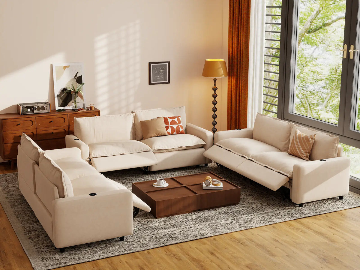 Modular Cero Reclining Sectionals | 6-Piece Beige Linen Large Space U-Shaped Sectionals 6-Seater