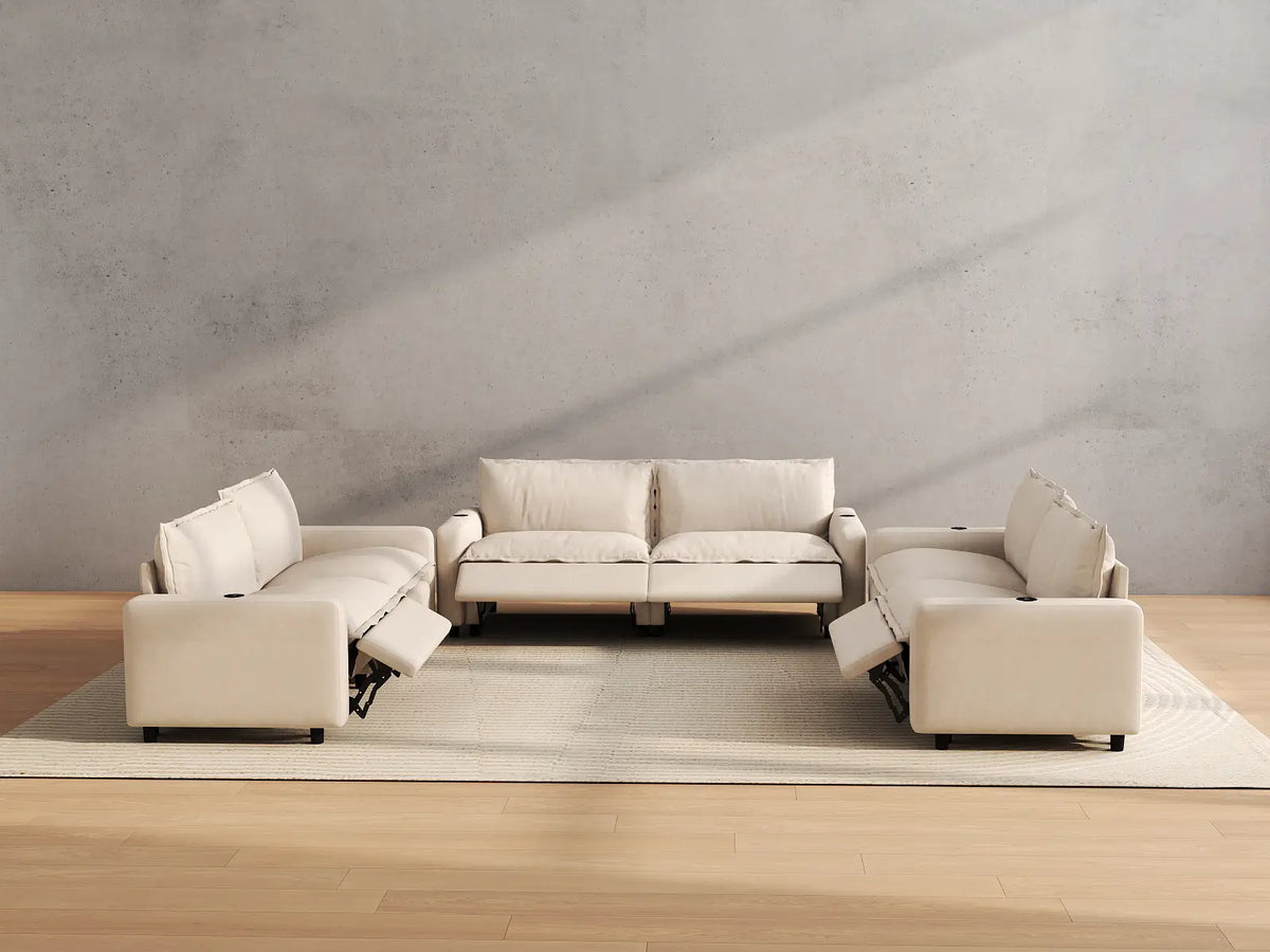 Modular Cero Reclining Sectionals | 6-Piece Beige Linen Large Space U-Shaped Sectionals 6-Seater