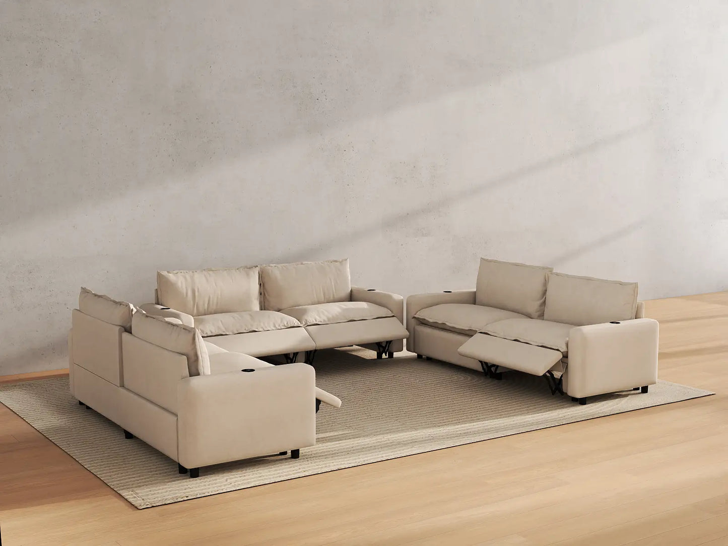 Modular Cero Reclining Sectionals | 6-Piece Beige Linen Large Space U-Shaped Sectionals 6-Seater