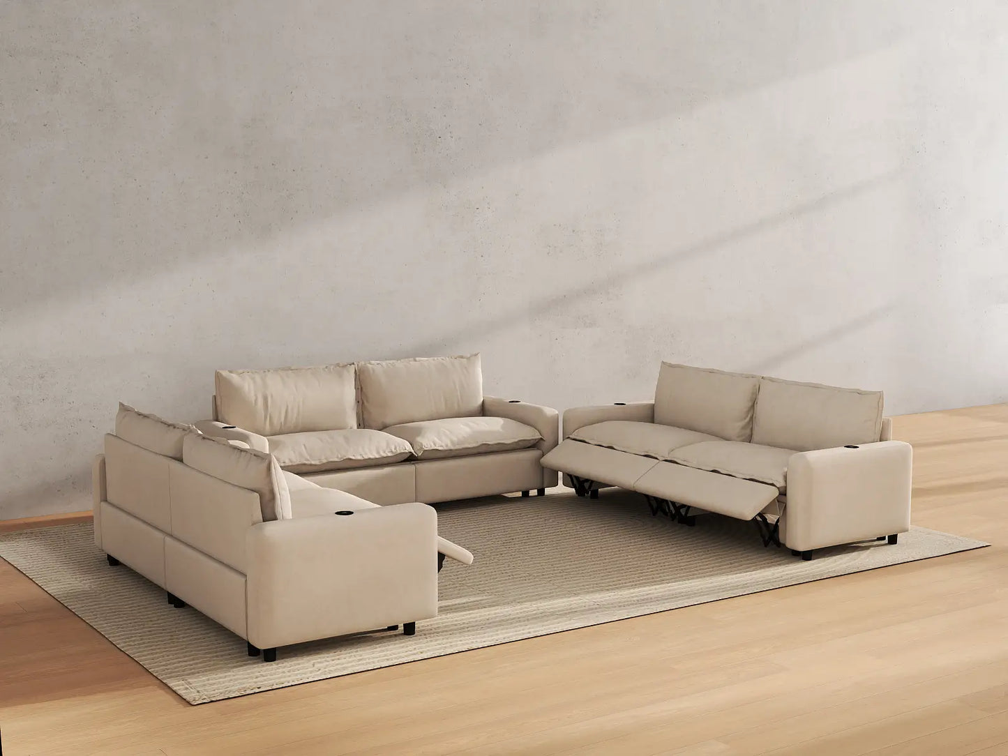 Modular Cero Reclining Sectionals | 6-Piece Beige Linen Large Space U-Shaped Sectionals 6-Seater