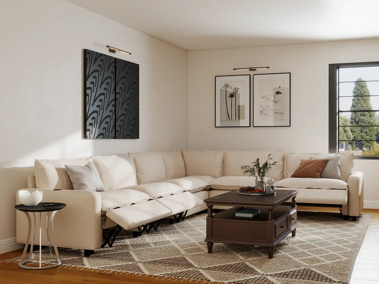 Modular Cero Reclining Sectionals | 6-Piece Beige Linen Large Space V-Shaped Sectionals 6-Seater
