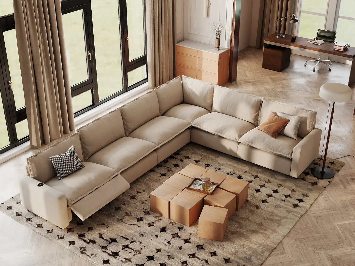 Modular Cero Reclining Sectionals | 6-Piece Beige Linen Large Space V-Shaped Sectionals 6-Seater