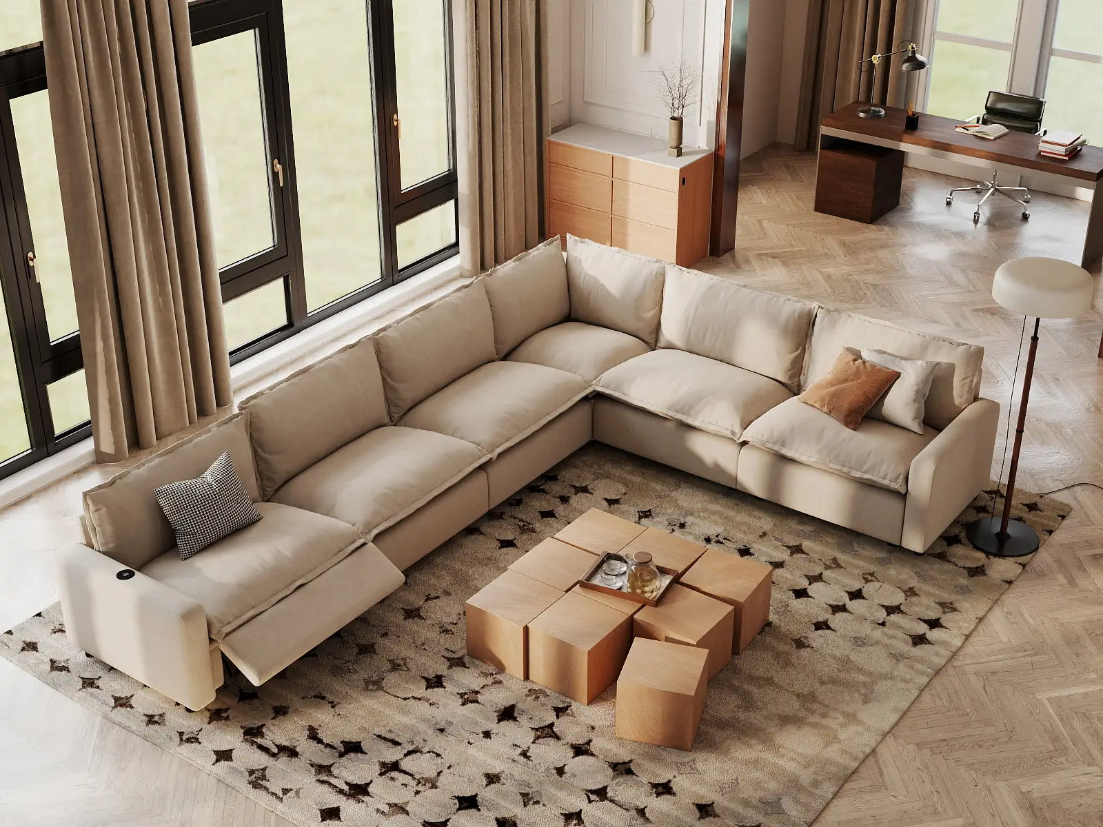 Modular Cero Reclining Sectional | 6-Piece Beige Linen Large Space V-Shaped Sectionals 6-Seater