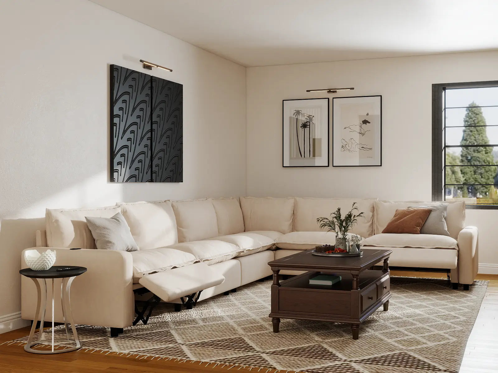 Modular Cero Reclining Sectional Sofa | 6-Piece Beige Linen Large Space V-Shaped Sectionals 6-Seater