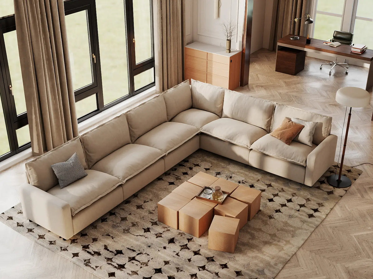 Modular Cero Modular Sectionals | 6-Piece Beige Linen Large Space V-Shaped Sectionals 6-Seater