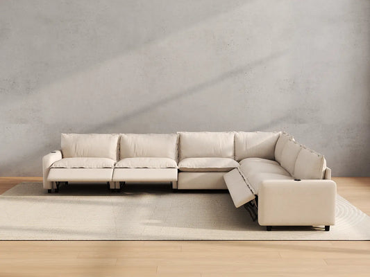 Modular Cero Reclining Sectionals | 6-Piece Beige Linen Large Space V-Shaped Sectionals 6-Seater