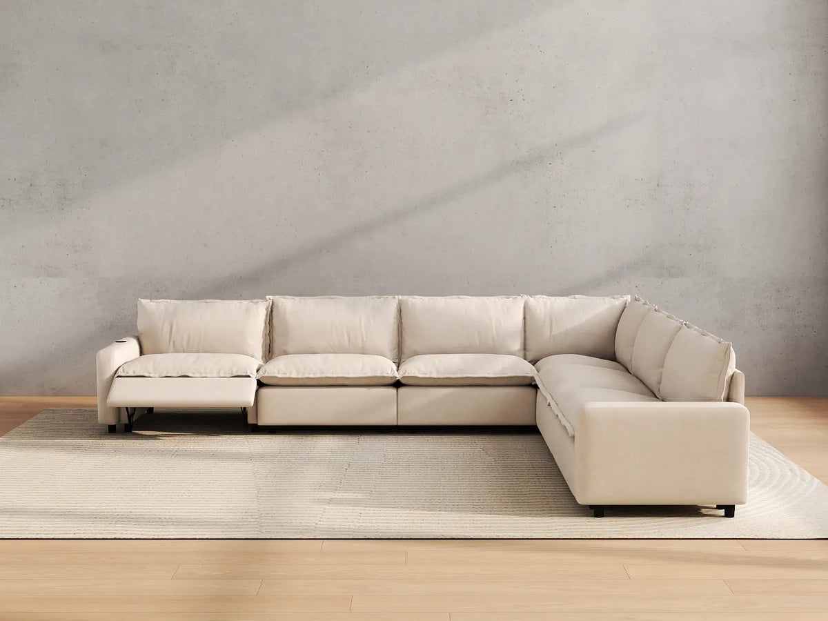 Modular Cero Reclining Sectionals | 6-Piece Beige Linen Large Space V-Shaped Sectionals 6-Seater
