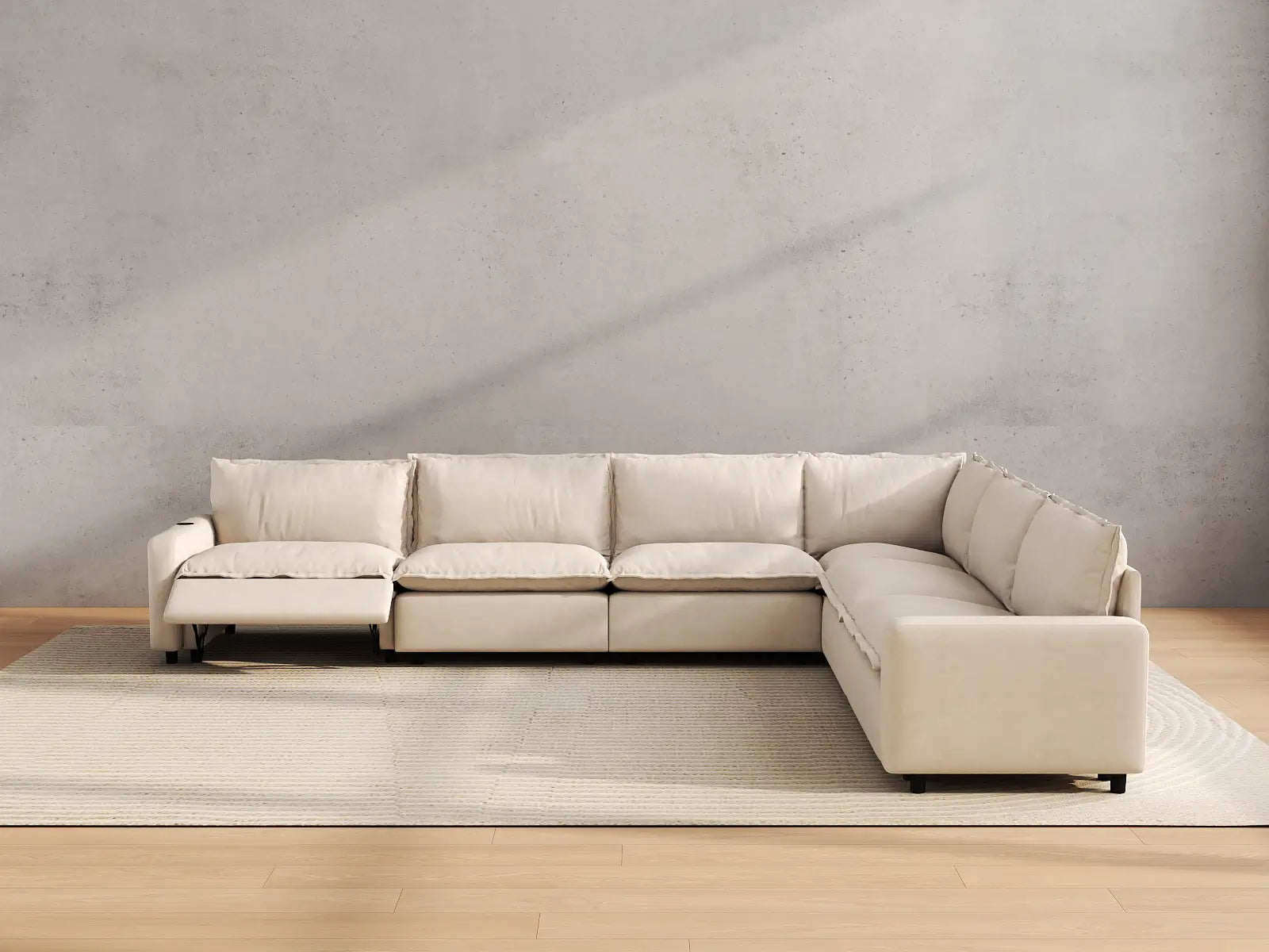 Modular Cero Reclining Sectional | 6-Piece Beige Linen Large Space V-Shaped Sectionals 6-Seater