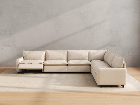 Modular Cero Reclining Sectionals | 6-Piece Beige Linen Large Space V-Shaped Sectionals 6-Seater