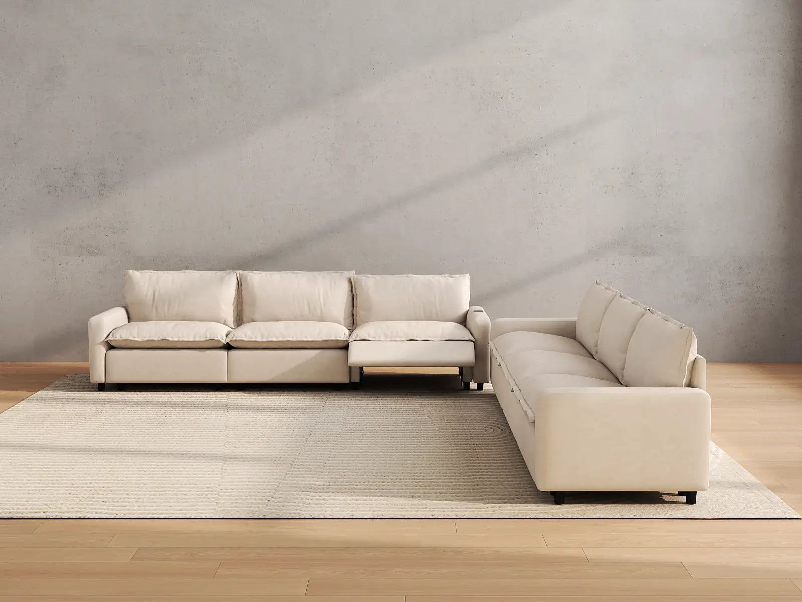 Modular Cero Recliner Sectional | 6-Piece Beige Linen Large Space V-Shaped Sectionals 6-Seater