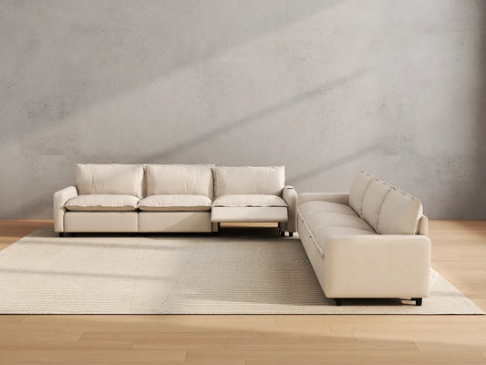 Modular Cero Reclining Sectionals | 6-Piece Beige Linen Large Space V-Shaped Sectionals 6-Seater