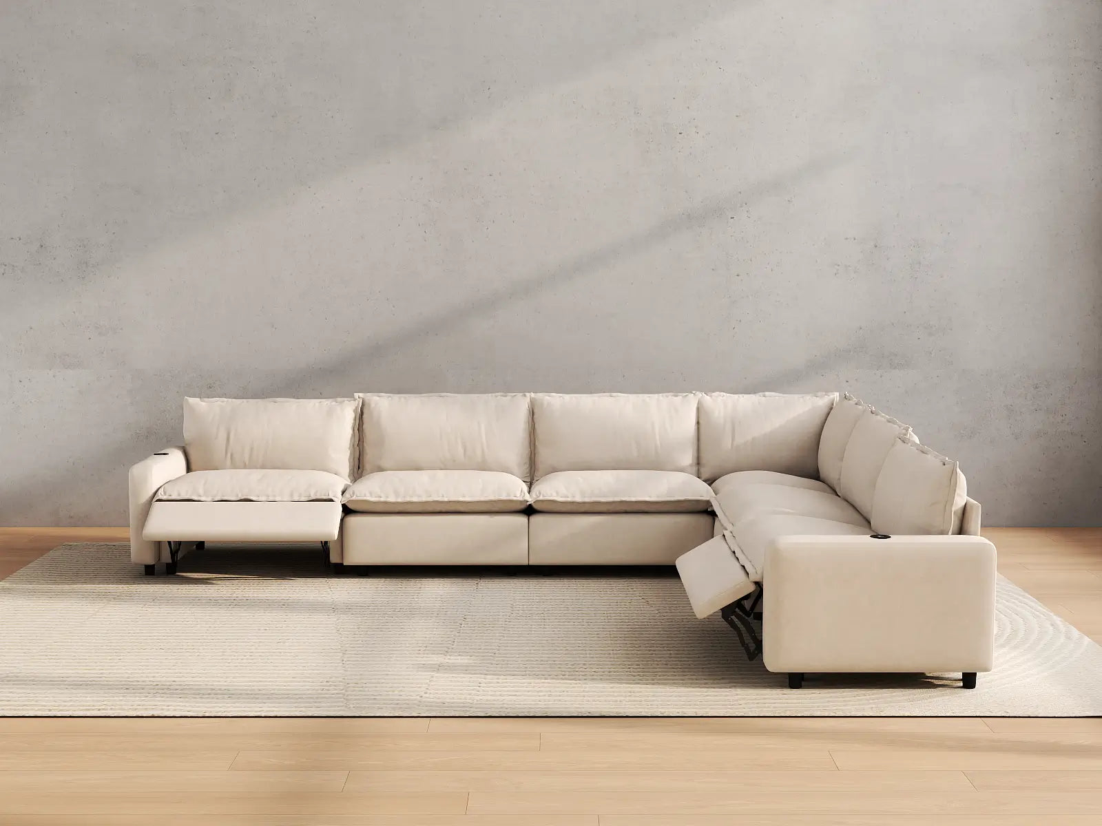 Modular Cero Reclining Sectional Sofa | 6-Piece Beige Linen Large Space V-Shaped Sectionals 6-Seater