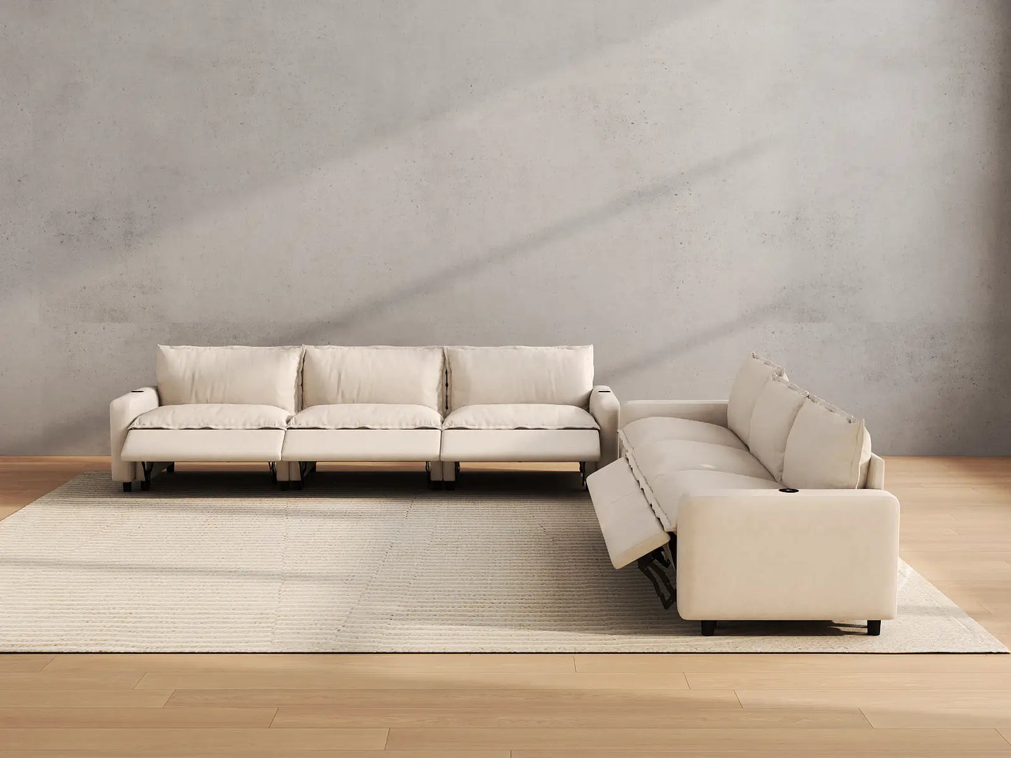 Modular Cero Reclining Sectionals | 6-Piece Beige Linen Large Space V-Shaped Sectionals 6-Seater