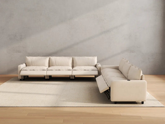 Modular Cero Reclining Sectionals | 6-Piece Beige Linen Large Space V-Shaped Sectionals 6-Seater