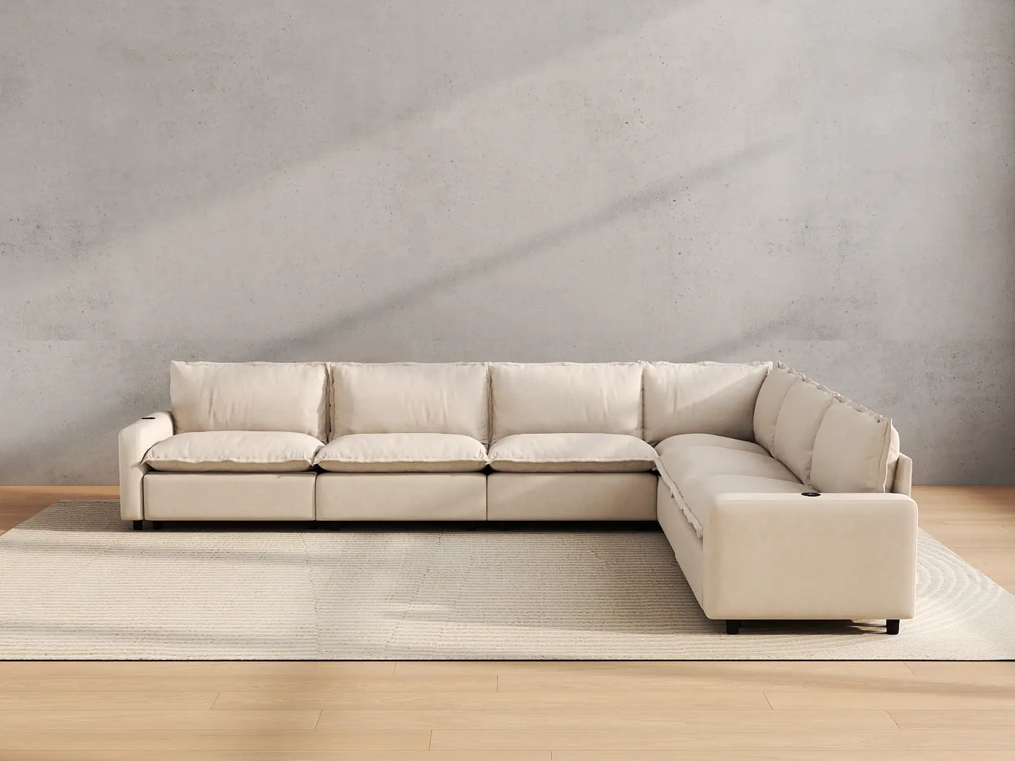 Modular Cero Reclining Sectional Sofa | 6-Piece Beige Linen Large Space V-Shaped Sectionals 6-Seater