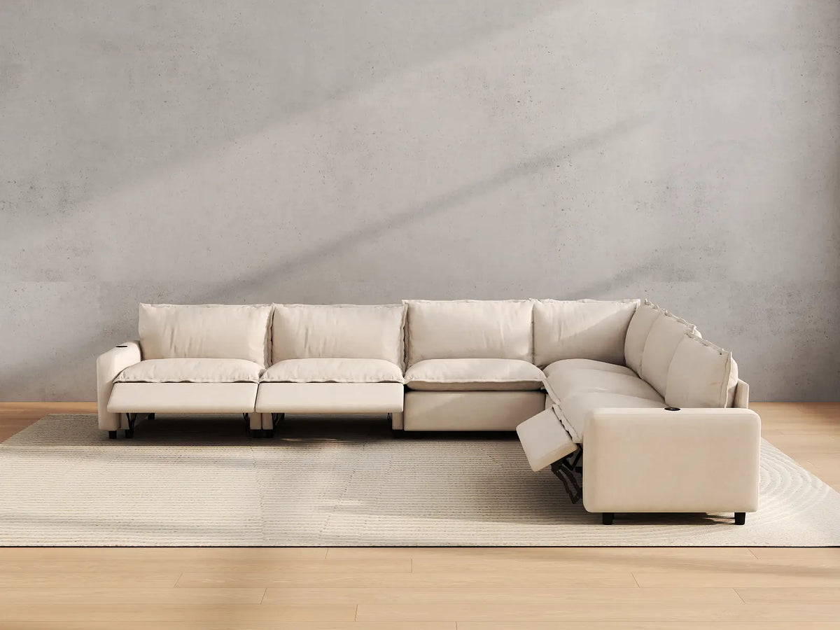 Modular Cero Reclining Sectionals | 6-Piece Beige Linen Large Space V-Shaped Sectionals 6-Seater