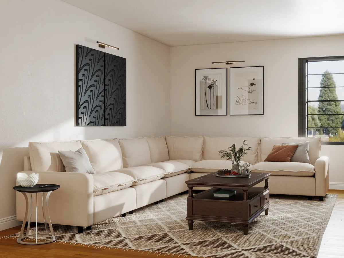 Modular Cero Modular Sectionals | 6-Piece Beige Linen Large Space V-Shaped Sectionals 6-Seater