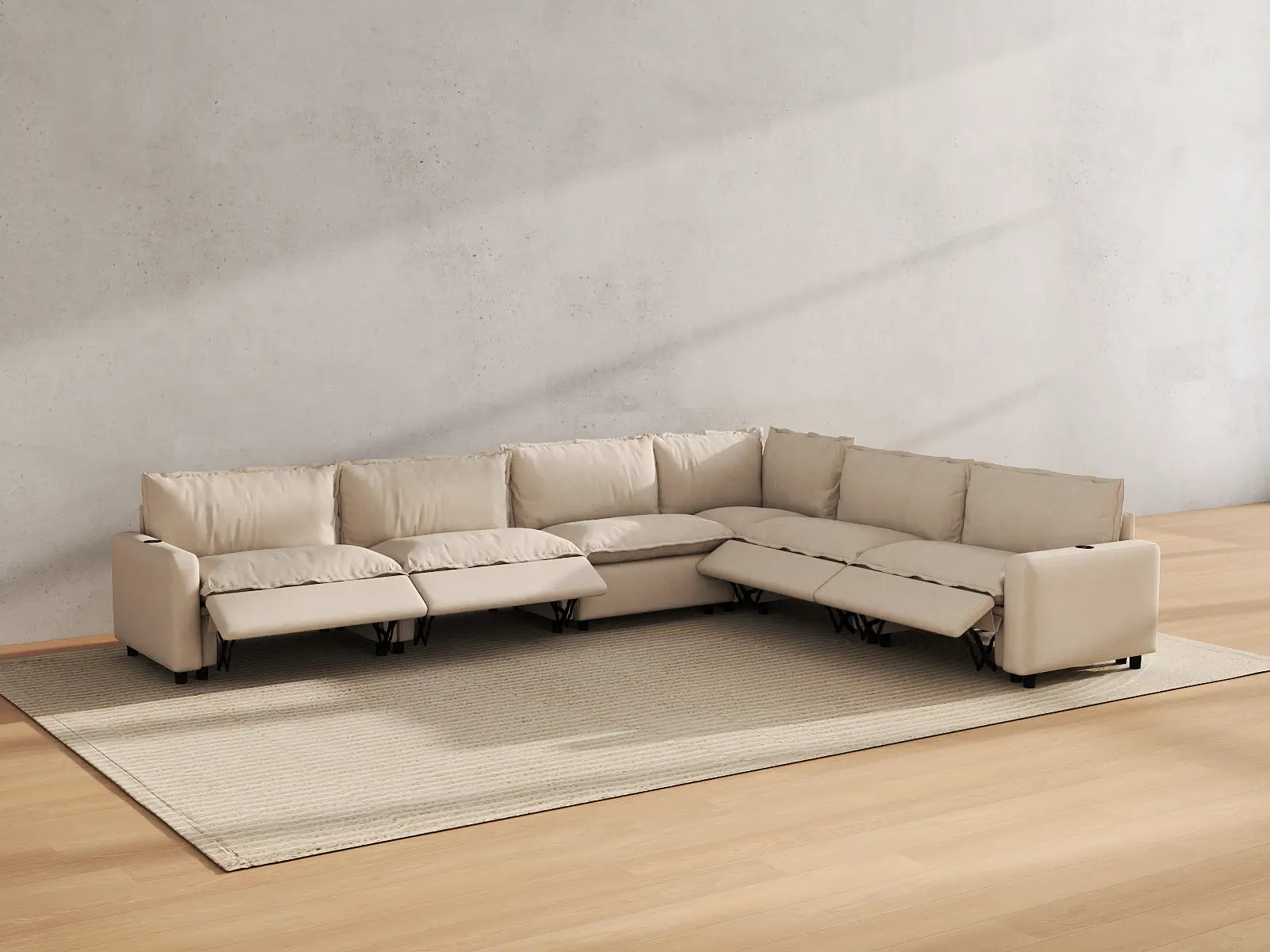 Modular Cero Couch Recliner Sectional | 6-Piece Beige Linen Large Space V-Shaped Sectionals 6-Seater