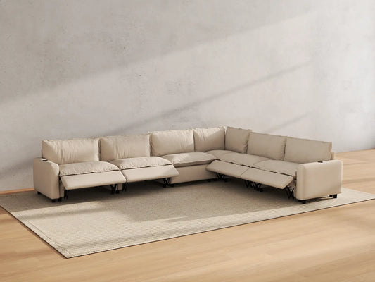 Modular Cero Reclining Sectionals | 6-Piece Beige Linen Large Space V-Shaped Sectionals 6-Seater