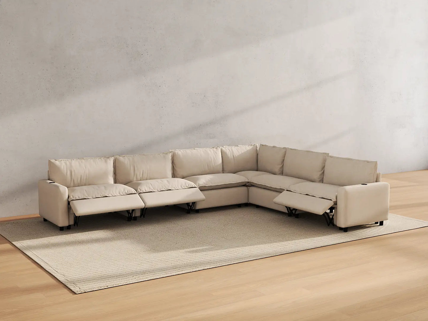 Modular Cero Reclining Sectionals | 6-Piece Beige Linen Large Space V-Shaped Sectionals 6-Seater