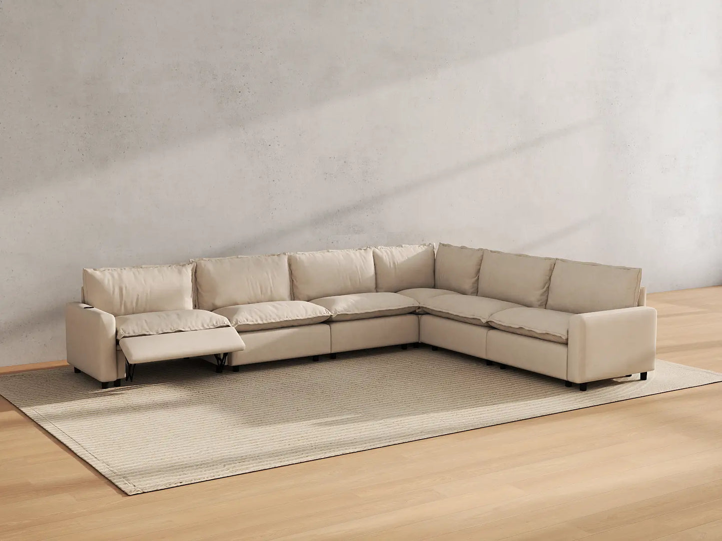 Modular Cero Reclining Sectionals | 6-Piece Beige Linen Large Space V-Shaped Sectionals 6-Seater