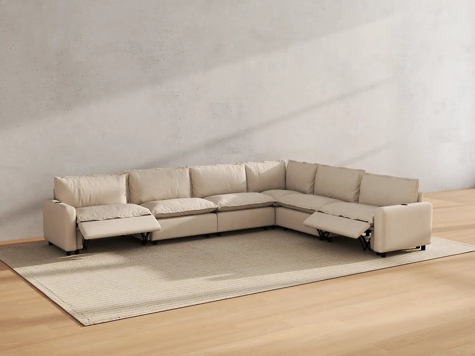 Modular Cero Reclining Sectional Sofa | 6-Piece Beige Linen Large Space V-Shaped Sectionals 6-Seater