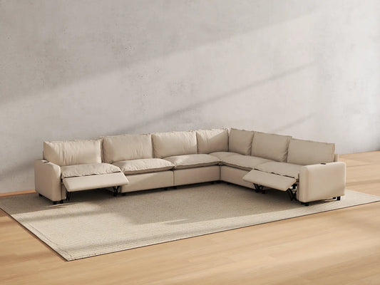 Modular Cero Reclining Sectionals | 6-Piece Beige Linen Large Space V-Shaped Sectionals 6-Seater