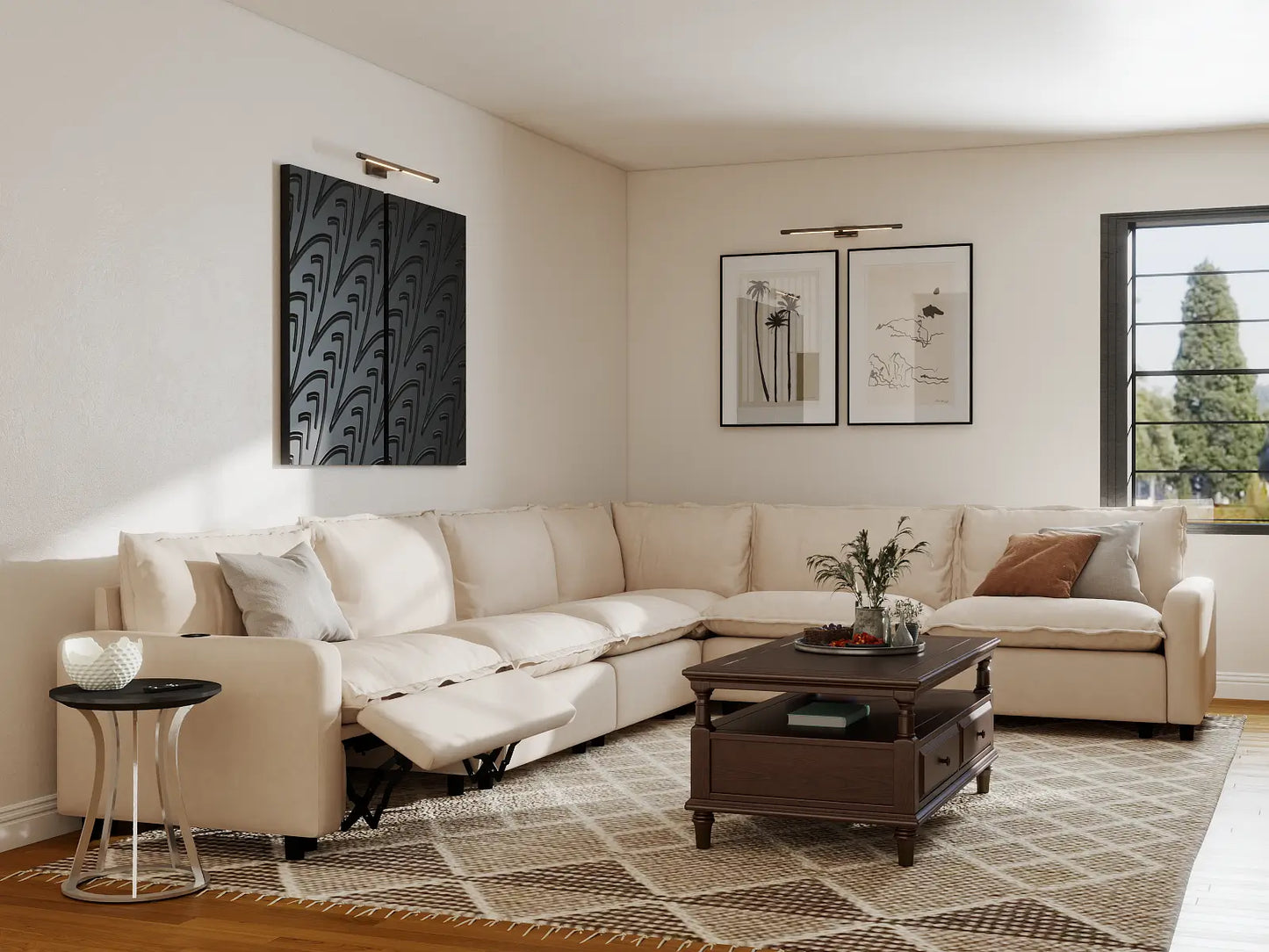 Modular Cero Reclining Sectionals | 6-Piece Beige Linen Large Space V-Shaped Sectionals 6-Seater