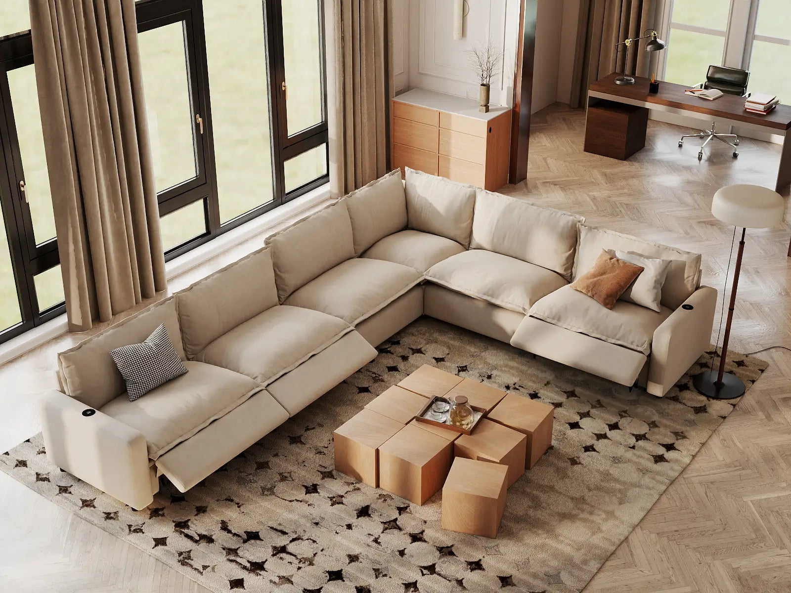 Modular Cero Sectional Recliner | 6-Piece Beige Linen Large Space V-Shaped Sectionals 6-Seater