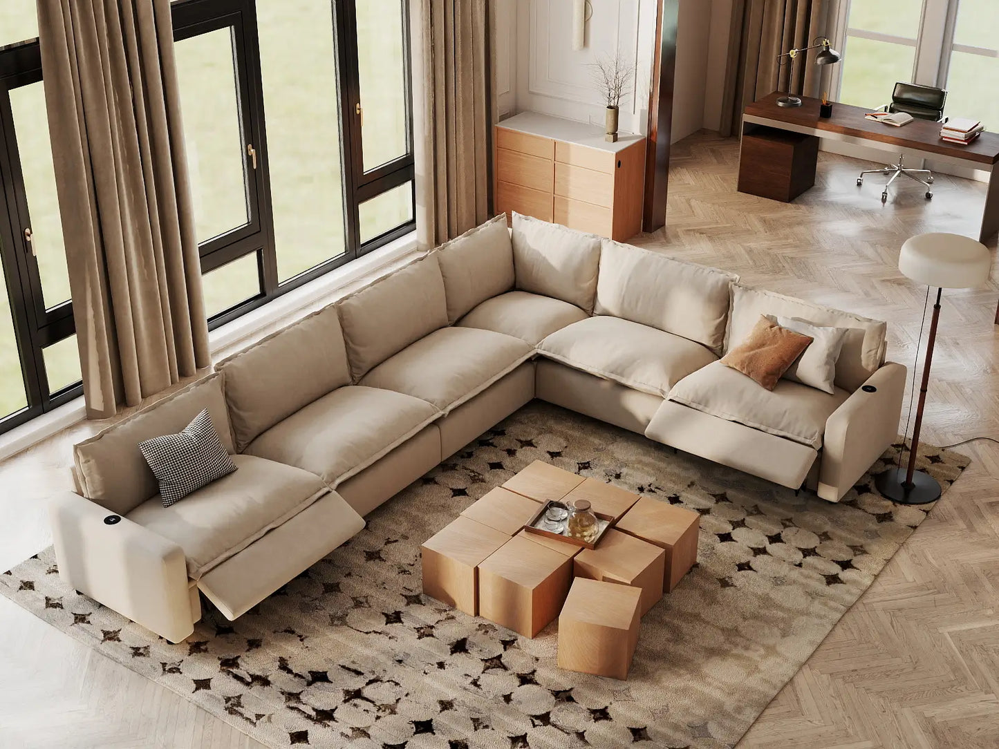 Modular Cero Reclining Sectional Sofa | 6-Piece Beige Linen Large Space V-Shaped Sectionals 6-Seater