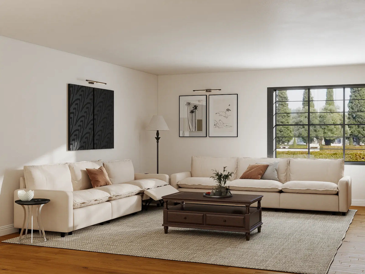 Modular Cero Reclining Sectionals | 6-Piece Beige Linen Large Space V-Shaped Sectionals 6-Seater