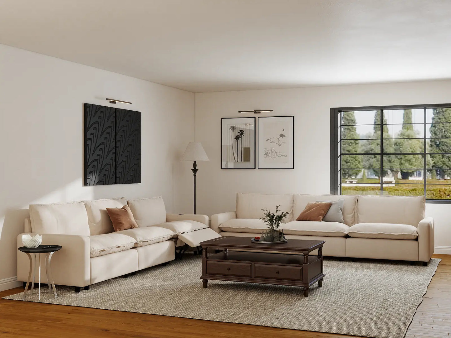 Modular Cero Reclining Sectionals | 6-Piece Beige Linen Large Space V-Shaped Sectionals 6-Seater