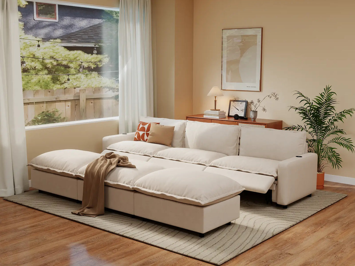 Modular Cero Reclining Sectionals | 6-Piece Beige Linen Open Plan Pit Sectionals 3-Seater with 3-Ottomans